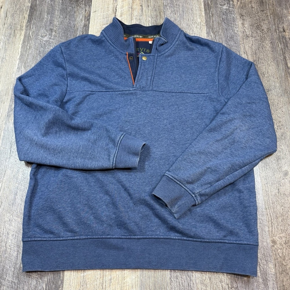 Orvis 1/4 Zip Pullover XL Blue Mock Neck Cotton Pullover Sweatshirt Sweater